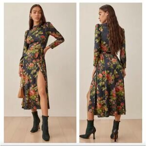 Reformation Julius Silk Dress Black Floral Print Long Sleeve Midi Length Size 8